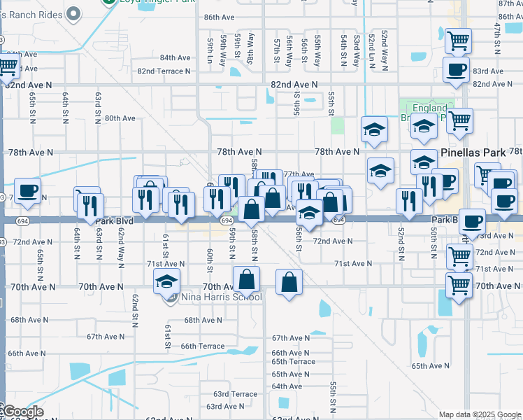 map of restaurants, bars, coffee shops, grocery stores, and more near 5790 75th Terrace in Pinellas Park