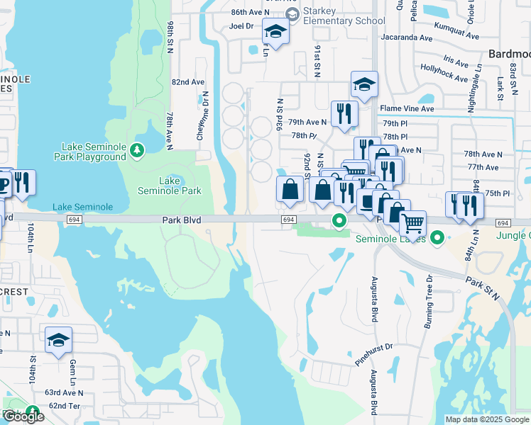 map of restaurants, bars, coffee shops, grocery stores, and more near 9393 Park Boulevard North in Seminole
