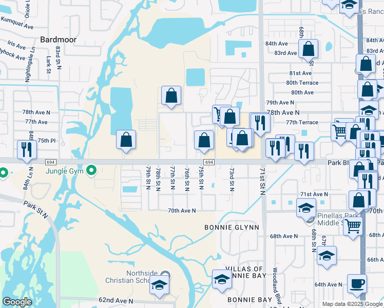 map of restaurants, bars, coffee shops, grocery stores, and more near 7599 Park Boulevard North in Pinellas Park