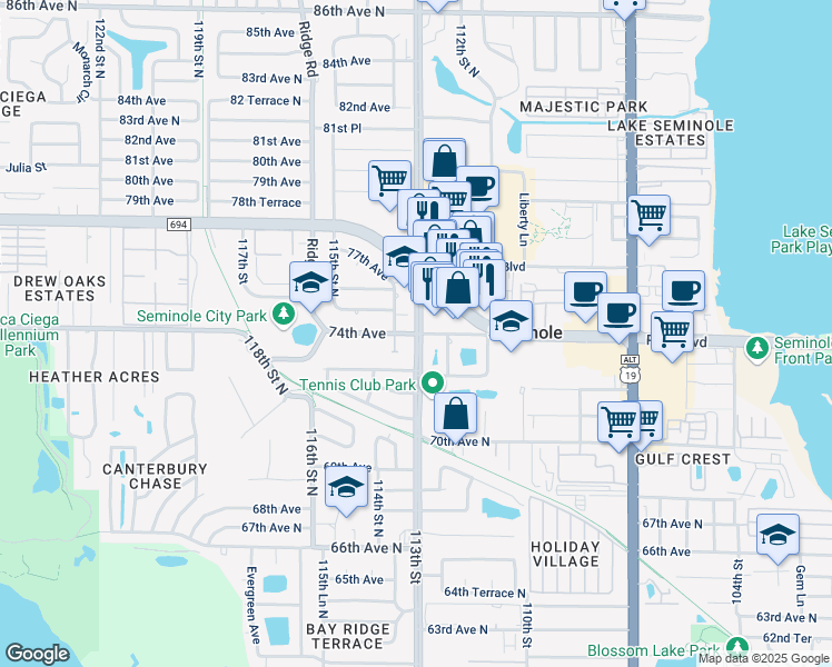 map of restaurants, bars, coffee shops, grocery stores, and more near 6321 113th Street North in Seminole