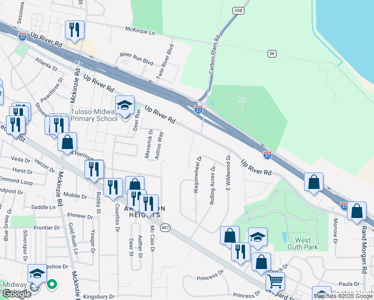 map of restaurants, bars, coffee shops, grocery stores, and more near 513 Kamelia Lane in Corpus Christi