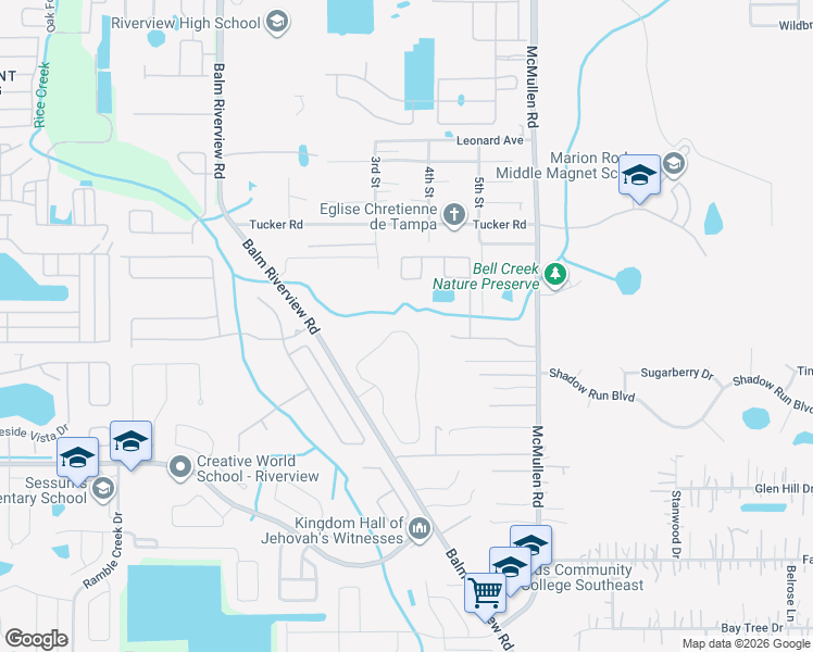 map of restaurants, bars, coffee shops, grocery stores, and more near 11152 Creek Haven Drive in Riverview