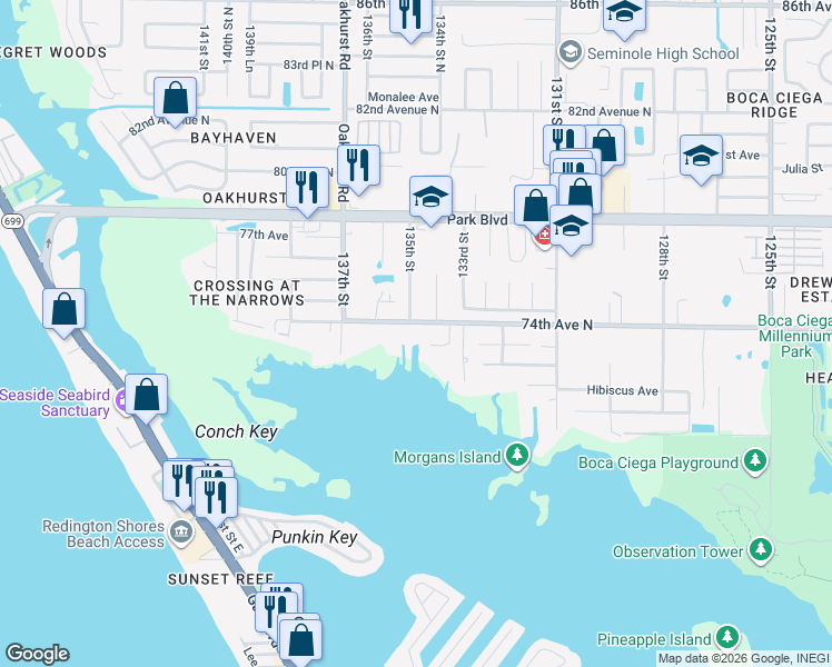 map of restaurants, bars, coffee shops, grocery stores, and more near 13494 74th Avenue North in Seminole