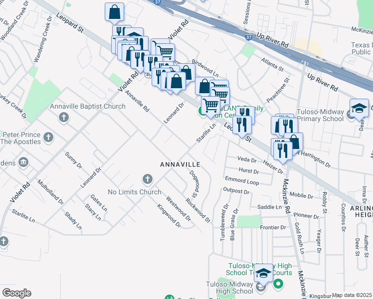 map of restaurants, bars, coffee shops, grocery stores, and more near 4249 Starlite Lane in Corpus Christi