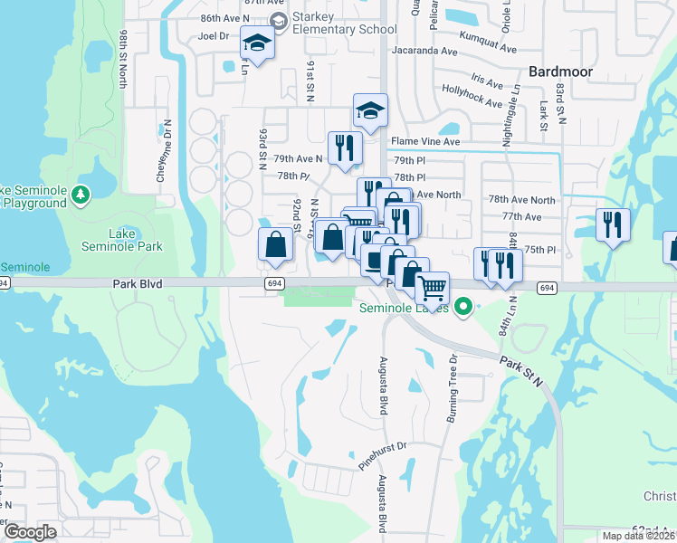 map of restaurants, bars, coffee shops, grocery stores, and more near 7480 90th Street in Seminole