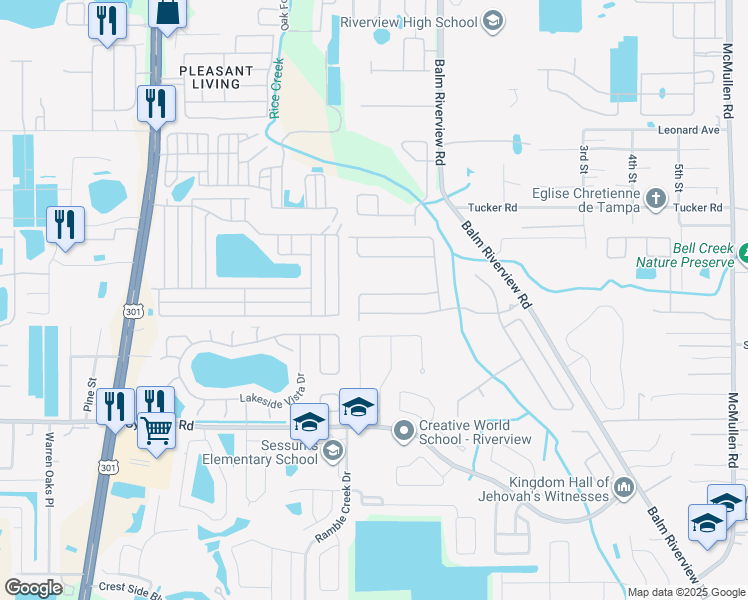 map of restaurants, bars, coffee shops, grocery stores, and more near 11123 Goldenrod Fern Drive in Riverview