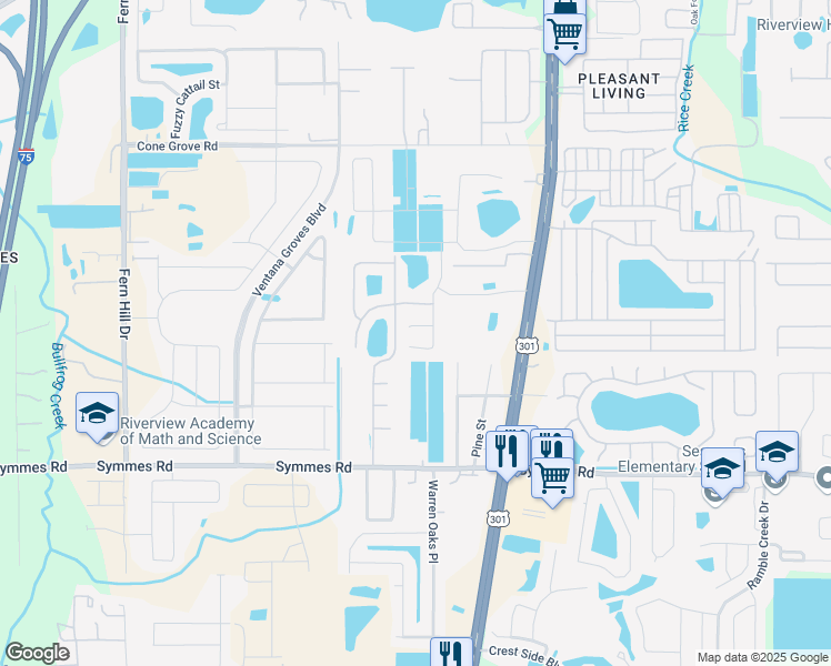 map of restaurants, bars, coffee shops, grocery stores, and more near 10505 Early Light Court in Riverview