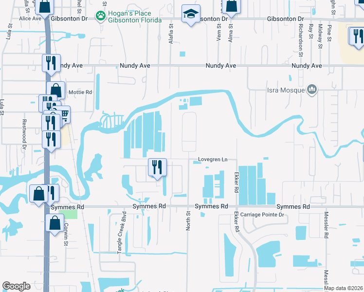 map of restaurants, bars, coffee shops, grocery stores, and more near 11122 Riley Pines Circle in Gibsonton
