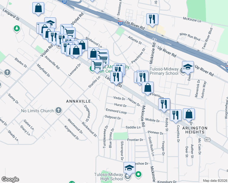 map of restaurants, bars, coffee shops, grocery stores, and more near 10665 Heizer Drive in Corpus Christi