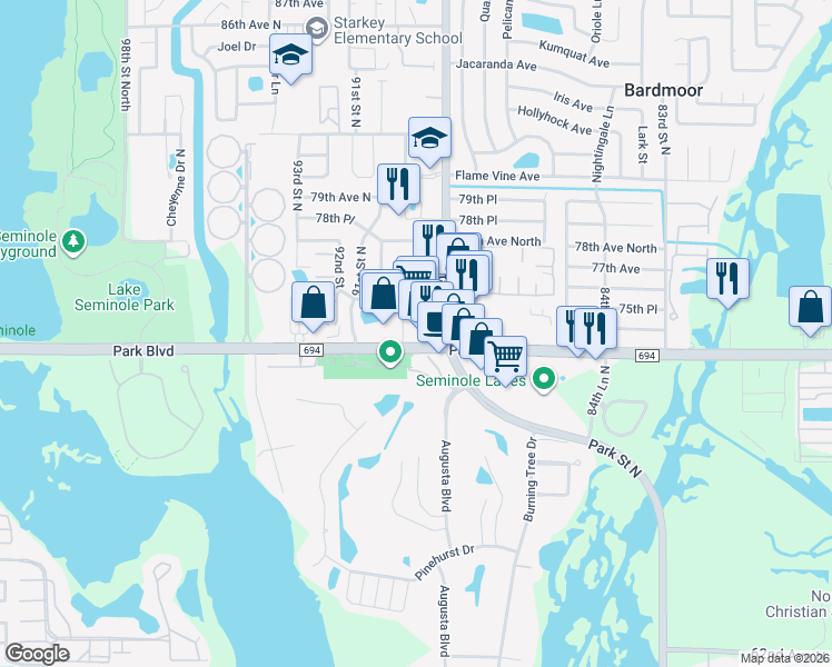 map of restaurants, bars, coffee shops, grocery stores, and more near 7480 90th Street in Seminole