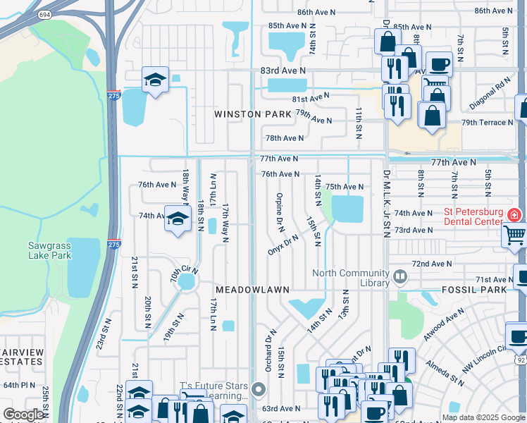 map of restaurants, bars, coffee shops, grocery stores, and more near 7448 Meadowlawn Drive North in Saint Petersburg