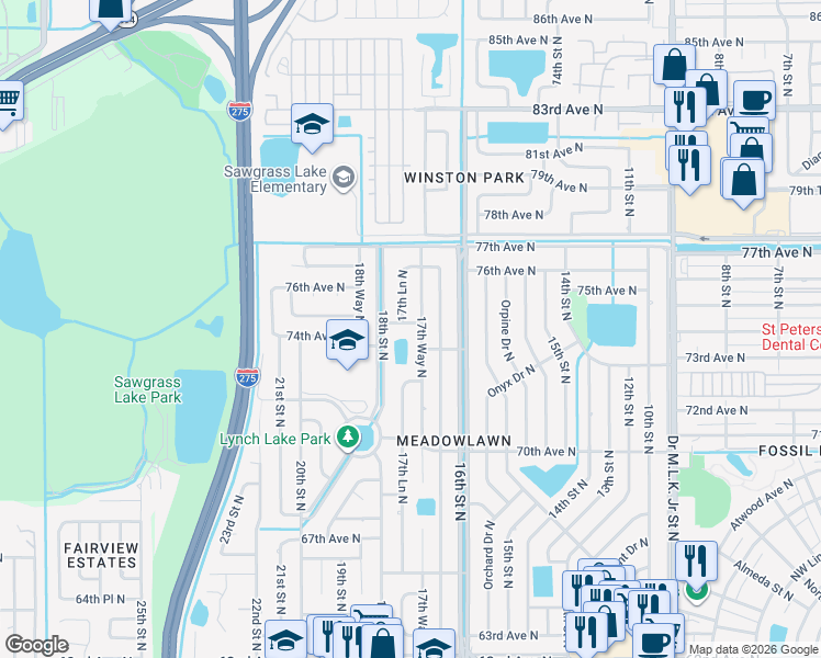 map of restaurants, bars, coffee shops, grocery stores, and more near 1770 75th Avenue North in St. Petersburg