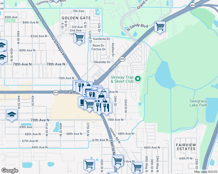 map of restaurants, bars, coffee shops, grocery stores, and more near 7450 34th Street in Pinellas Park