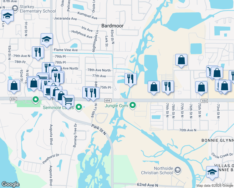 map of restaurants, bars, coffee shops, grocery stores, and more near 7525 83rd Street North in Seminole