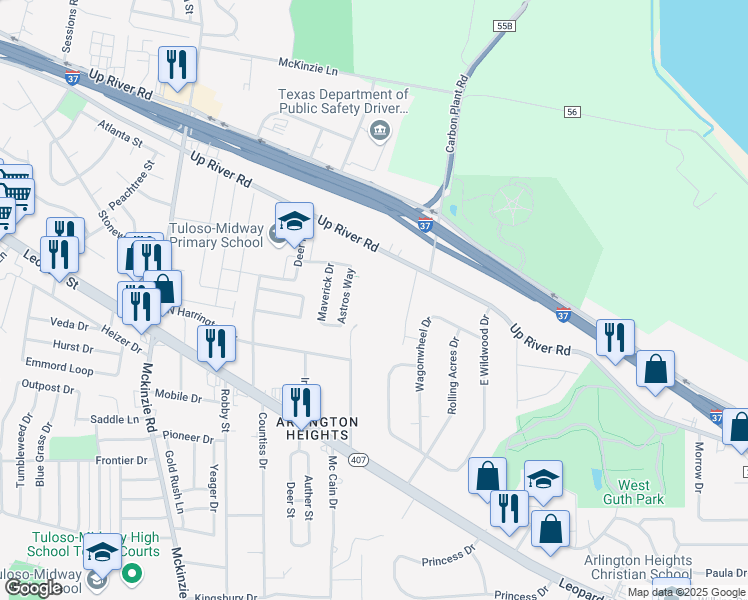 map of restaurants, bars, coffee shops, grocery stores, and more near 10113 Up River Road in Corpus Christi