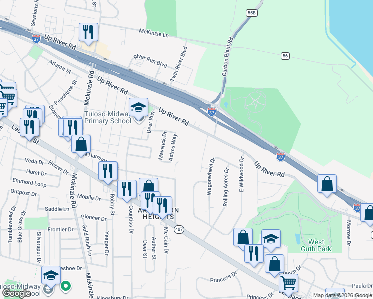 map of restaurants, bars, coffee shops, grocery stores, and more near 10113 Up River Road in Corpus Christi