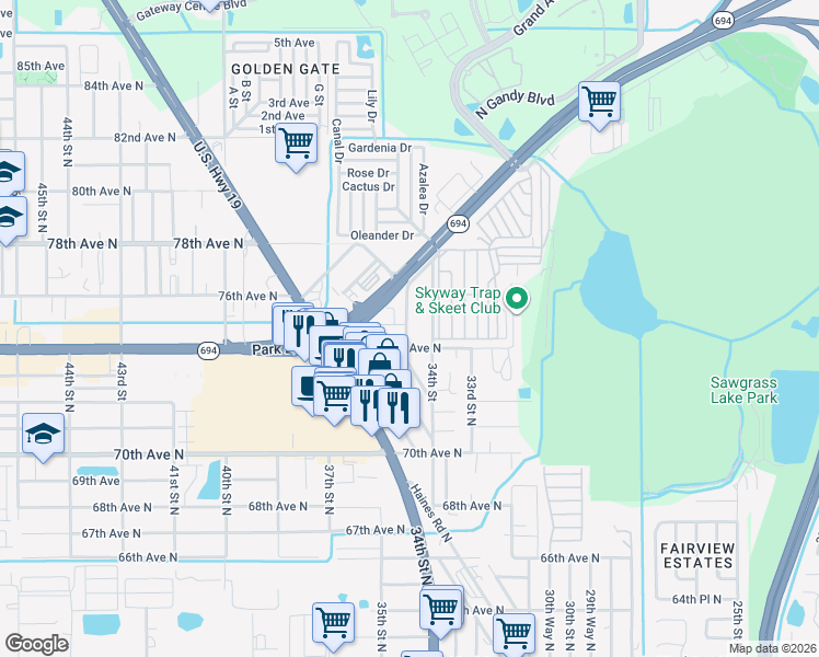 map of restaurants, bars, coffee shops, grocery stores, and more near 7450 34th Street in Pinellas Park