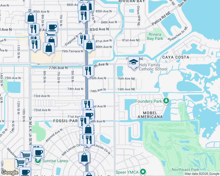 map of restaurants, bars, coffee shops, grocery stores, and more near 7400 1st Street Northeast in St. Petersburg