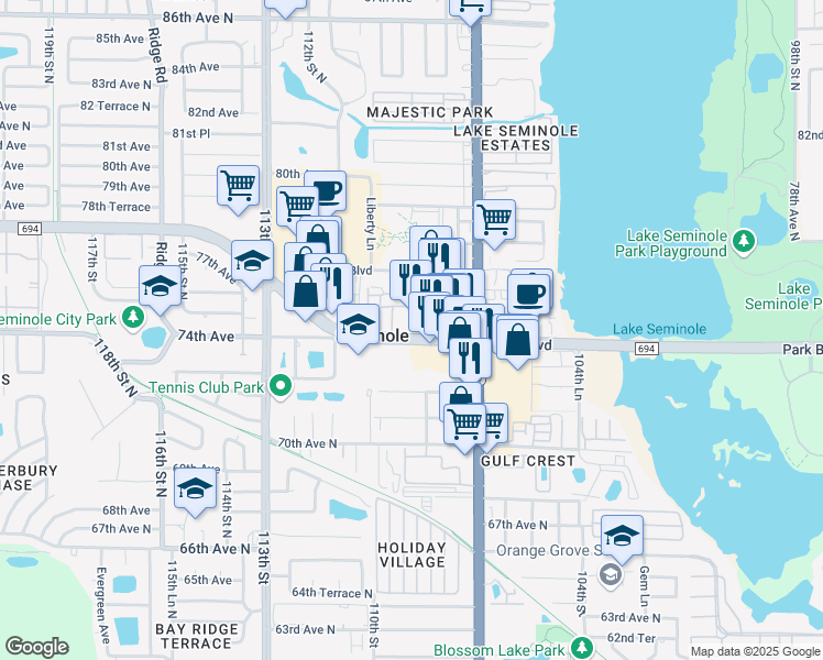 map of restaurants, bars, coffee shops, grocery stores, and more near 10899 Park Boulevard North in Seminole