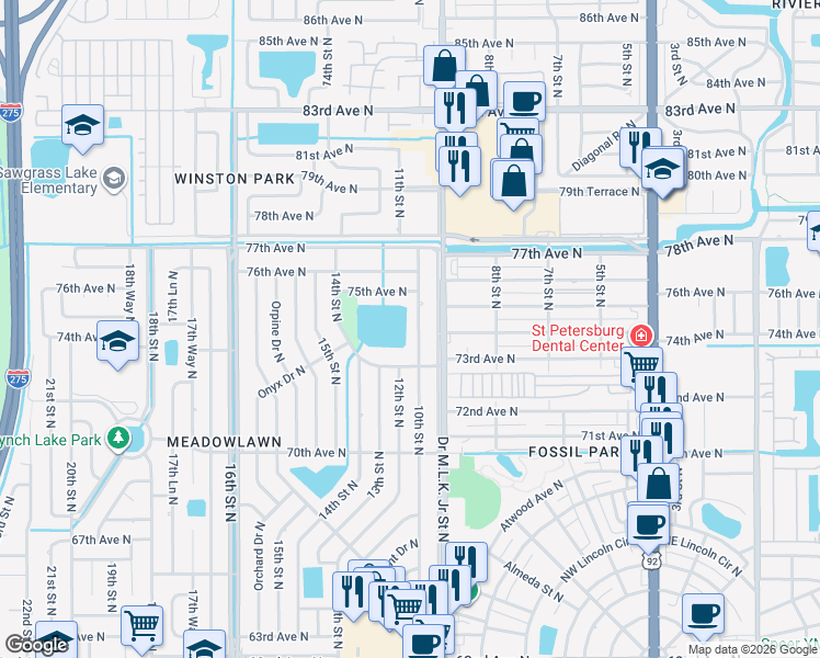 map of restaurants, bars, coffee shops, grocery stores, and more near 7400 10th Street North in St. Petersburg