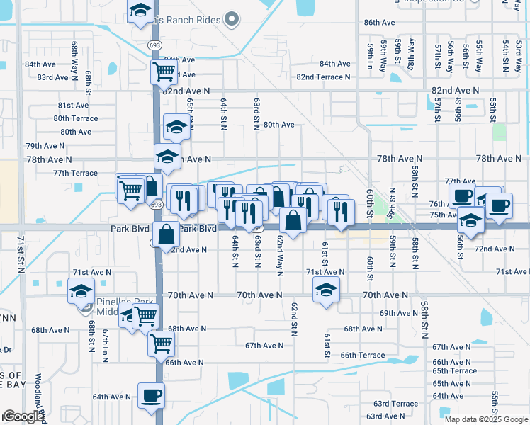 map of restaurants, bars, coffee shops, grocery stores, and more near 6278 76th Avenue North in Pinellas Park