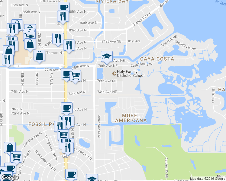 map of restaurants, bars, coffee shops, grocery stores, and more near 7401 Cedar St NE in St Petersburg