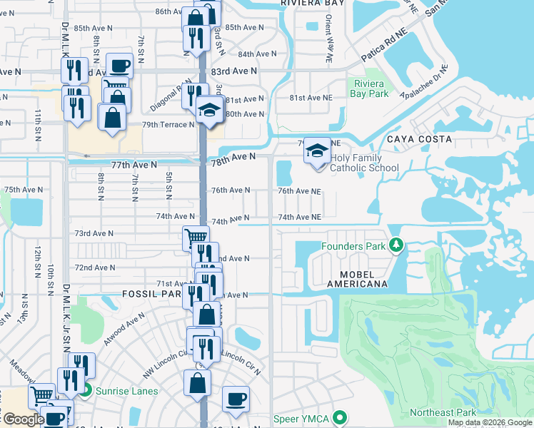 map of restaurants, bars, coffee shops, grocery stores, and more near 7400 1st Street Northeast in St. Petersburg