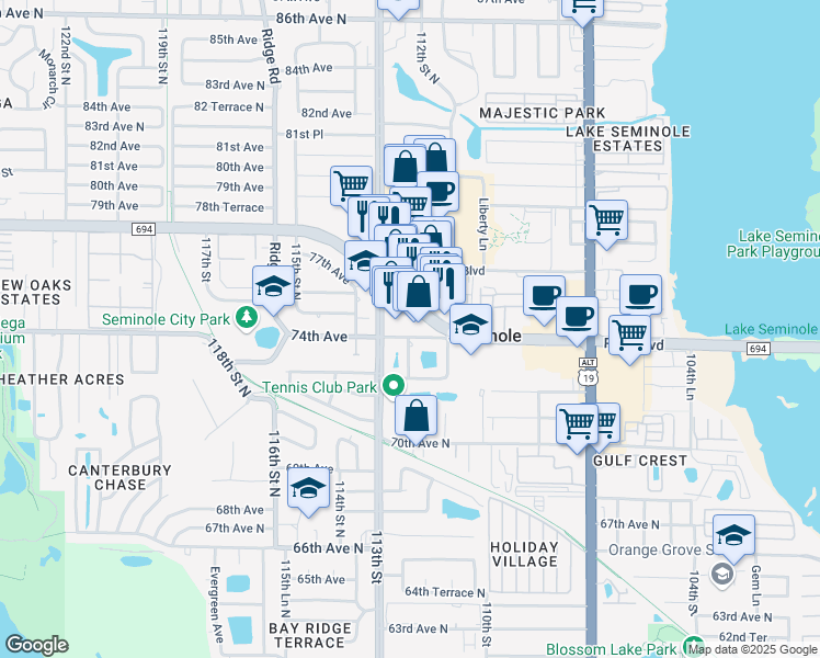 map of restaurants, bars, coffee shops, grocery stores, and more near 11228 Park Boulevard North in Seminole