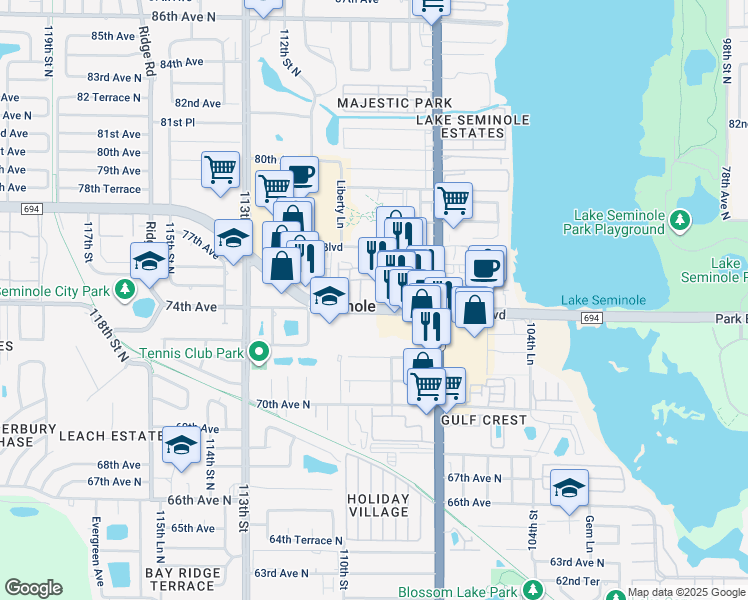 map of restaurants, bars, coffee shops, grocery stores, and more near 10899 Park Boulevard North in Seminole