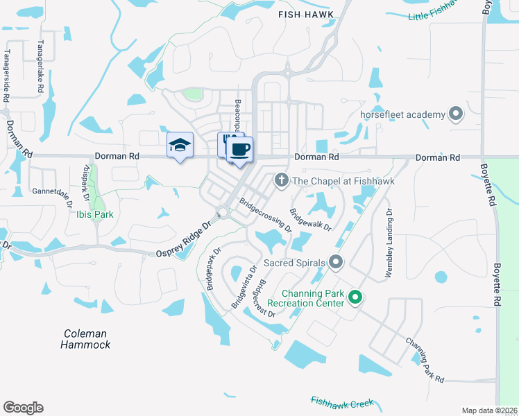 map of restaurants, bars, coffee shops, grocery stores, and more near 6109 Churchside Drive in Lithia