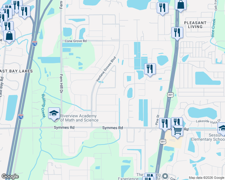 map of restaurants, bars, coffee shops, grocery stores, and more near 10723 Green Harvest Drive in Riverview