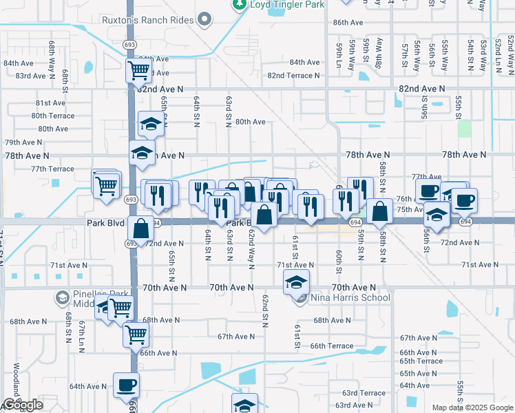 map of restaurants, bars, coffee shops, grocery stores, and more near in Pinellas Park