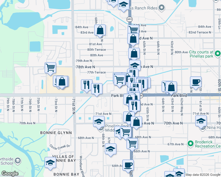 map of restaurants, bars, coffee shops, grocery stores, and more near 6781 Park Boulevard in Pinellas Park