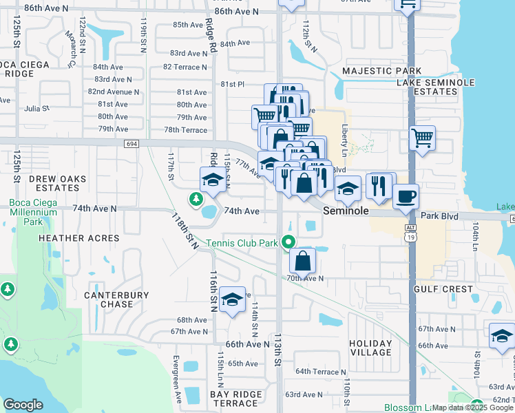 map of restaurants, bars, coffee shops, grocery stores, and more near 11417 74th Avenue in Seminole