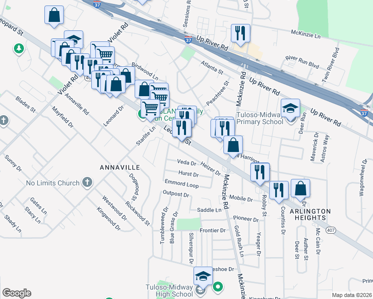 map of restaurants, bars, coffee shops, grocery stores, and more near 10665 Heizer Drive in Corpus Christi