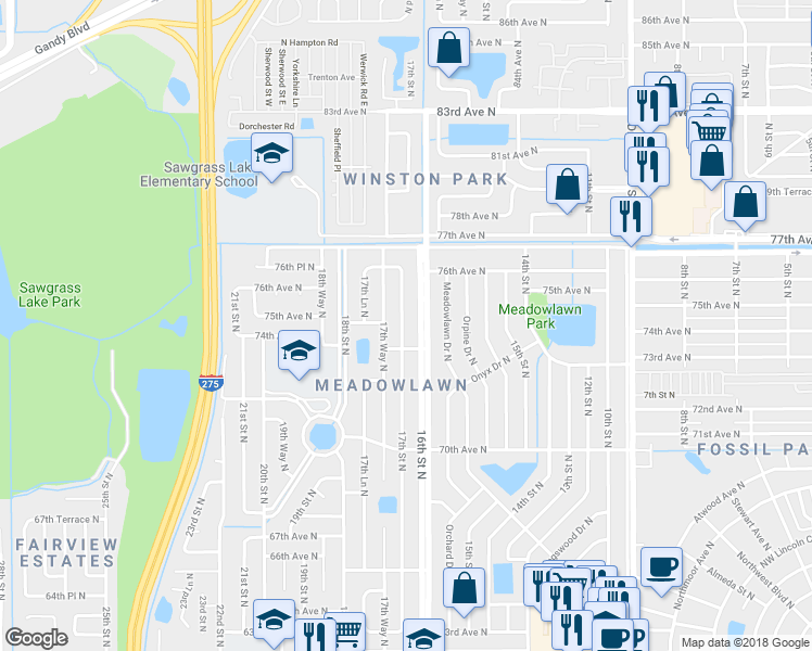 map of restaurants, bars, coffee shops, grocery stores, and more near 7457 17th Street North in St. Petersburg