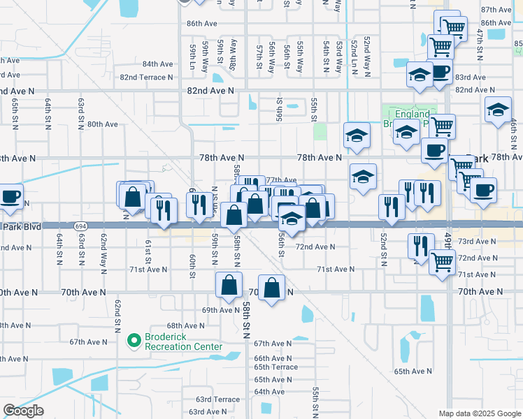 map of restaurants, bars, coffee shops, grocery stores, and more near 7501 57th Street in Pinellas Park