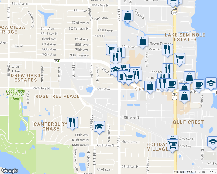 map of restaurants, bars, coffee shops, grocery stores, and more near 11417 74th Avenue in Seminole