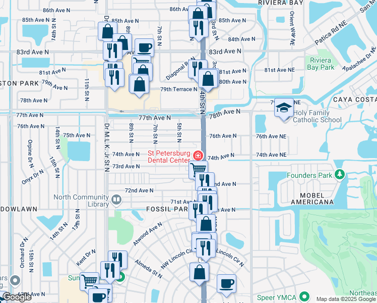 map of restaurants, bars, coffee shops, grocery stores, and more near 453 74th Avenue North in St. Petersburg