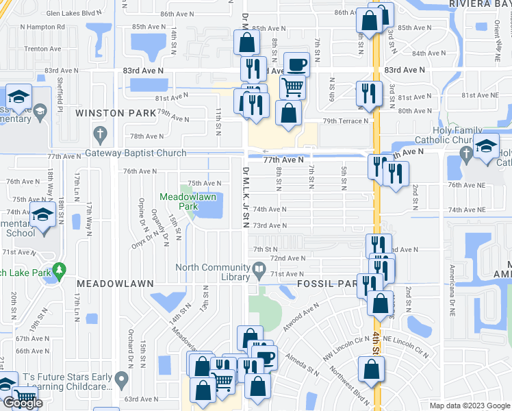 map of restaurants, bars, coffee shops, grocery stores, and more near 871 74th Avenue North in Saint Petersburg