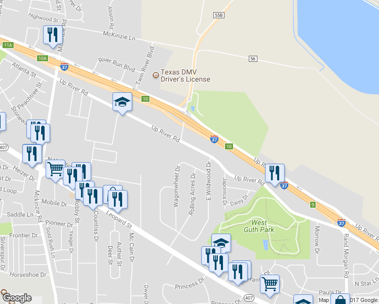 map of restaurants, bars, coffee shops, grocery stores, and more near 10041 Up River Road in Corpus Christi