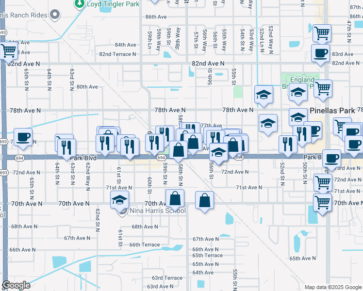 map of restaurants, bars, coffee shops, grocery stores, and more near 5790 75th Terrace in Pinellas Park