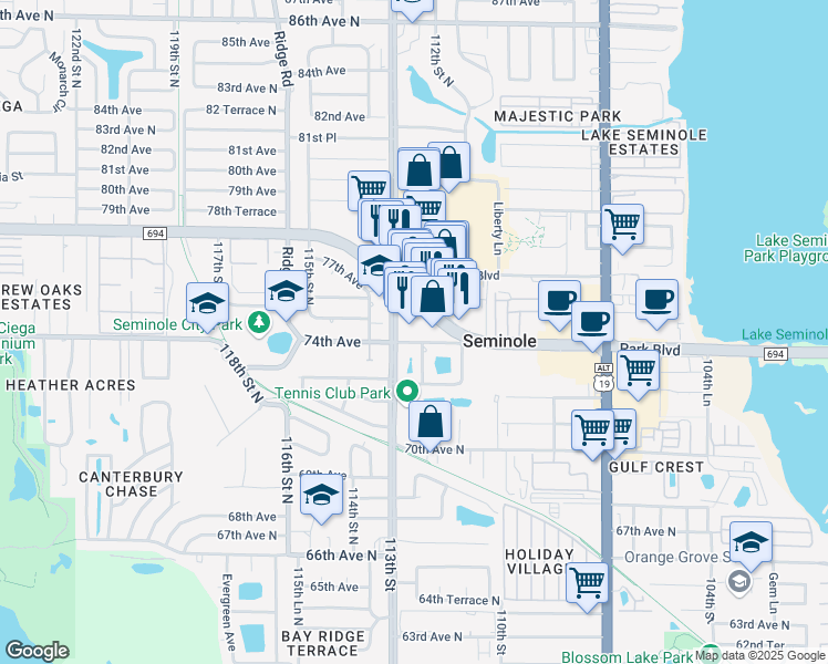 map of restaurants, bars, coffee shops, grocery stores, and more near 11228 Park Boulevard North in Seminole