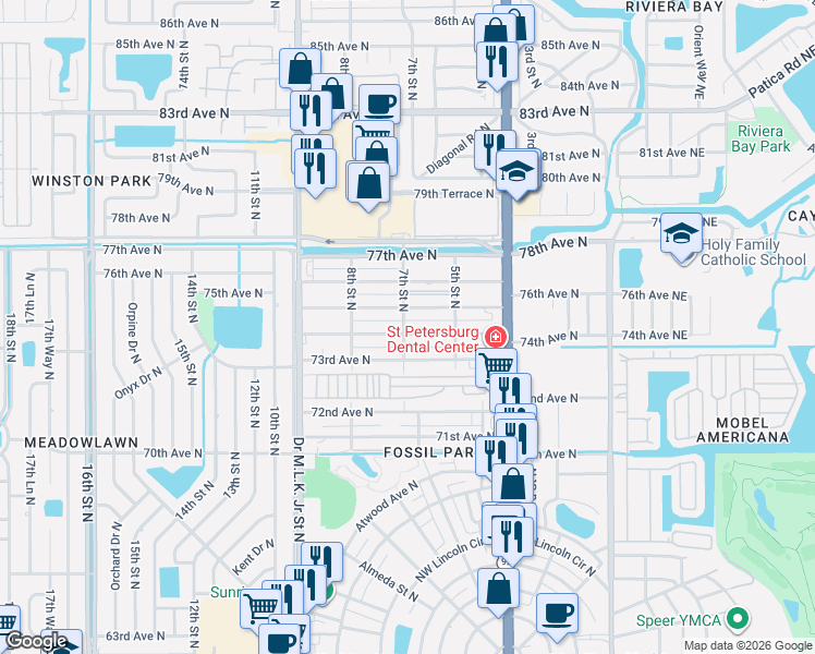 map of restaurants, bars, coffee shops, grocery stores, and more near 639 74th Avenue North in St. Petersburg
