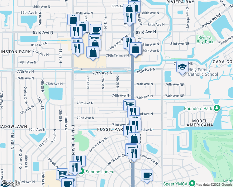 map of restaurants, bars, coffee shops, grocery stores, and more near 501 74th Avenue North in St. Petersburg