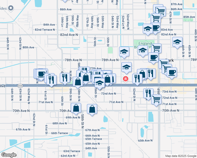 map of restaurants, bars, coffee shops, grocery stores, and more near 5580 76th Avenue North in Pinellas Park