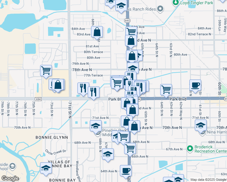map of restaurants, bars, coffee shops, grocery stores, and more near 6705 Park Boulevard North in Pinellas Park