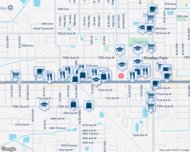 map of restaurants, bars, coffee shops, grocery stores, and more near 5580 76th Avenue North in Pinellas Park