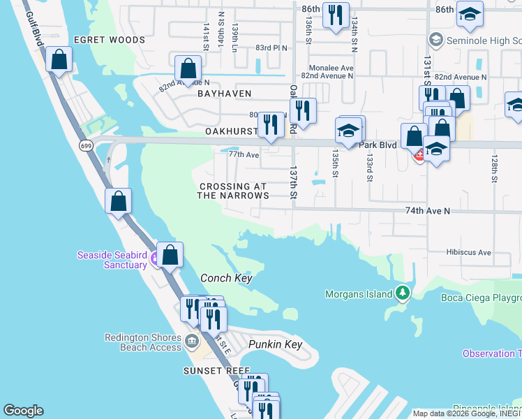 map of restaurants, bars, coffee shops, grocery stores, and more near 7366 74th Avenue North in Seminole