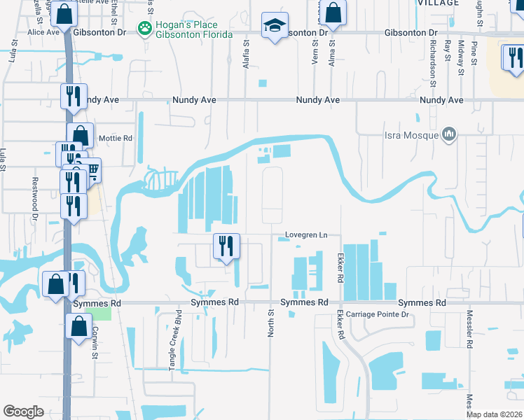 map of restaurants, bars, coffee shops, grocery stores, and more near 11130 Riley Pines Circle in Gibsonton